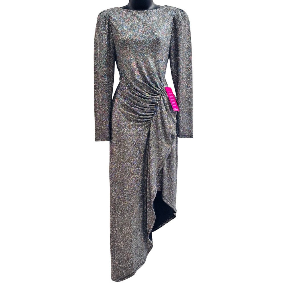 NWT Alex Marie Silver Glitter Metallic Ruched Asymmetrical Dress Size 10